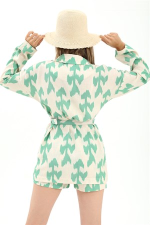 Kemerli Desenli Oversize Blazer Ceket - Yeşil