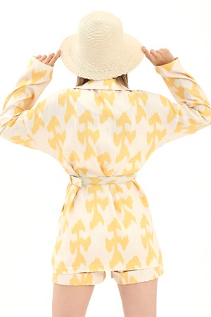 Kemerli Desenli Oversize Blazer Ceket - Sarı