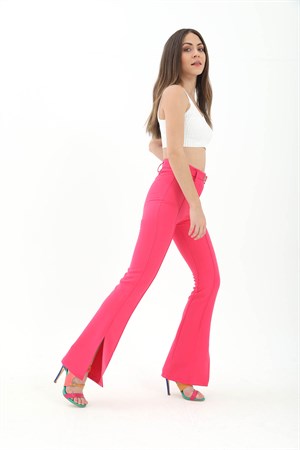Kemerli Yanı Yırtmaçlı İspanyol Paça Atlas Kumaş Pantolon - Fuşya