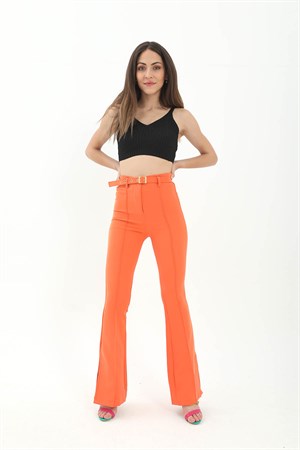Kemerli Yanı Yırtmaçlı İspanyol Paça Atlas Kumaş Pantolon - Turuncu