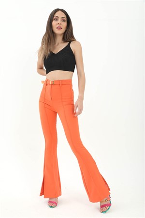 Kemerli Yanı Yırtmaçlı İspanyol Paça Atlas Kumaş Pantolon - Turuncu
