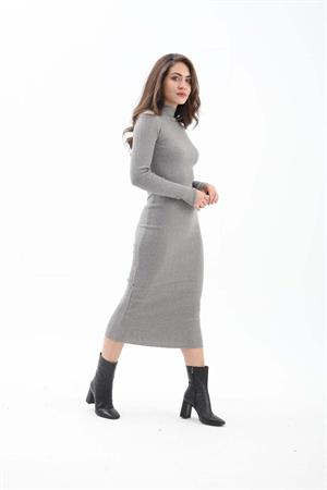 Kendinden Yaka Triko Fitilli Elbise - Gri