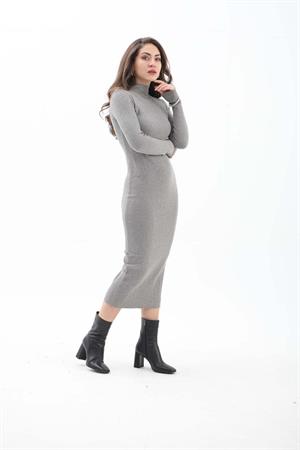 Kendinden Yaka Triko Fitilli Elbise - Gri