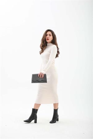 Kendinden Yaka Triko Fitilli Elbise - Krem