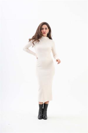 Kendinden Yaka Triko Fitilli Elbise - Krem