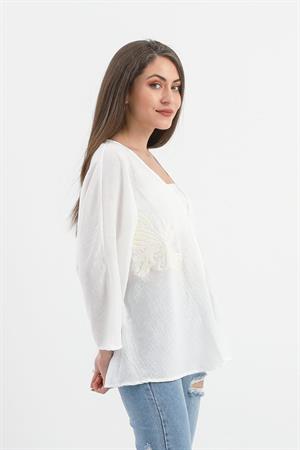 Keten Pul Payet Süzene Nakışlı Kimono - Ekru