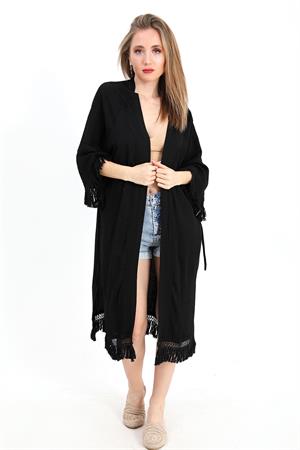 Kimono Palmiye Baskılı Püsküllü - Siyah