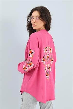 Kimono Reglan Kol Nakışlı Keten - Fuşya