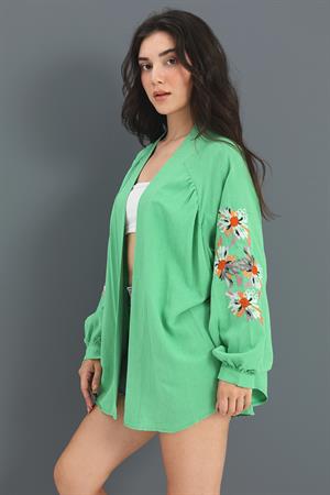 Kimono Reglan Kol Nakışlı Keten - Yeşil