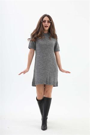 Kısa Kol Kırçıllı Triko Elbise - Siyah-Ekru