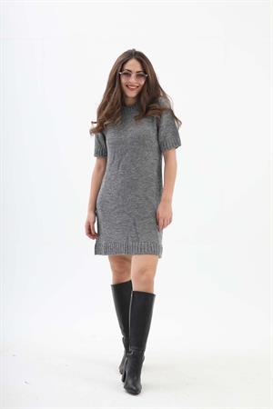 Kısa Kol Kırçıllı Triko Elbise - Siyah-Ekru