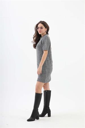 Kısa Kol Kırçıllı Triko Elbise - Siyah-Ekru