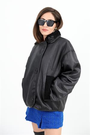 Kıvırcık Cepli Deri Düğmeli Ceket - Siyah