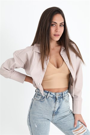 Kolları Çıtçıtlı Beli Lastikli Kadın Deri Gömlek - Taş