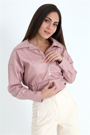 Kolları Çıtçıtlı Beli Lastikli Kadın Deri Gömlek - Pudra