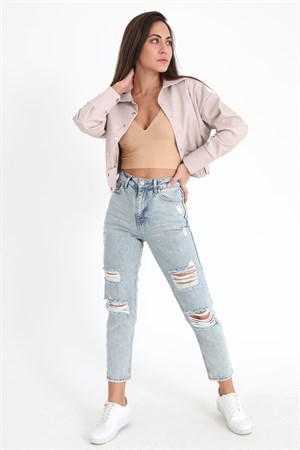 Kolları Çıtçıtlı Beli Lastikli Kadın Deri Gömlek - Taş