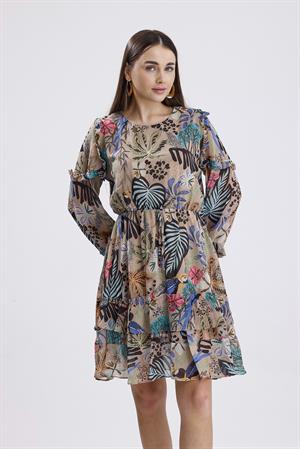Kolları Fırfırlı Desenli Şifon Elbise - Vizon