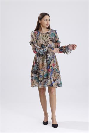 Kolları Fırfırlı Desenli Şifon Elbise - Vizon