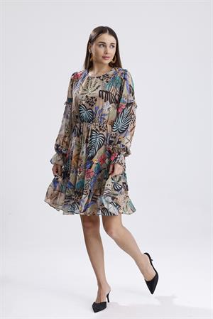Kolları Fırfırlı Desenli Şifon Elbise - Vizon