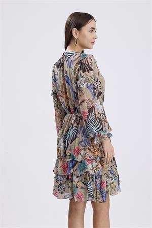 Kolları Fırfırlı Desenli Şifon Elbise - Vizon