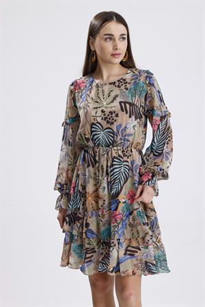 Kolları Fırfırlı Desenli Şifon Elbise - Vizon