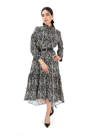 Kolu Büzgülü Zebra Desen Elbise - Siyah