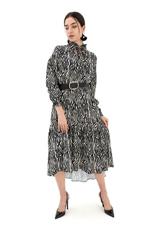 Kolu Büzgülü Zebra Desen Elbise - Siyah