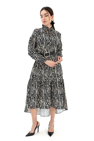 Kolu Büzgülü Zebra Desen Elbise - Siyah