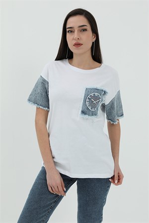 Kot Cepli T-shirt - Beyaz
