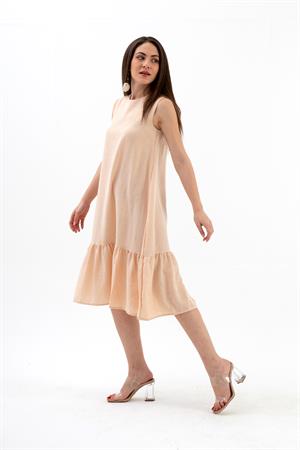 Kristal Keten Kolsuz Kadın Salaş Elbise - Somon