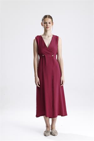 Kruvaze Pileli Bordo Elbise - Bordo