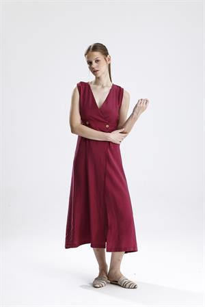 Kruvaze Pileli Bordo Elbise - Bordo