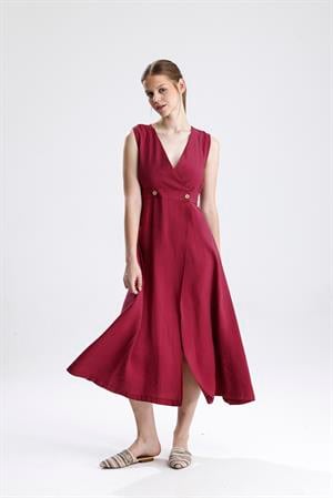 Kruvaze Pileli Bordo Elbise - Bordo