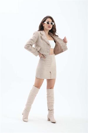 Kruvaze Yaka Cep ve Püskül Detaylı Ceket - Vizon