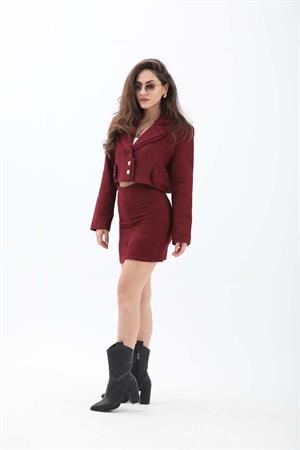 Kruvaze Yaka Cep ve Püskül Detaylı Ceket - Bordo