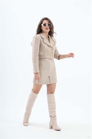 Kruvaze Yaka Cep ve Püskül Detaylı Ceket - Vizon