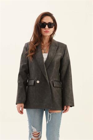 Kruvaze Yaka Çift Düğmeli Eskitme Desen Deri Ceket - Antrasit