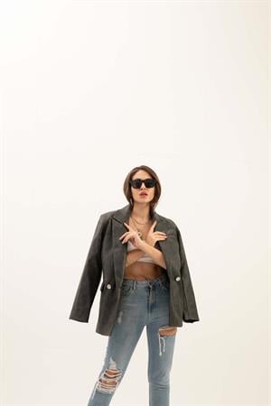 Kruvaze Yaka Çift Düğmeli Eskitme Desen Deri Ceket - Antrasit