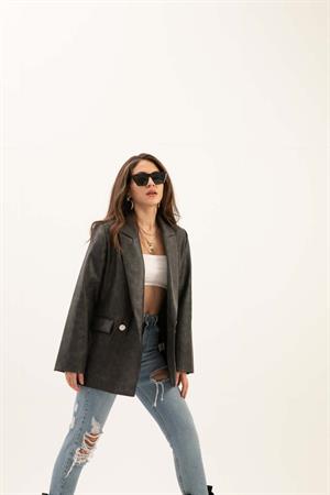 Kruvaze Yaka Çift Düğmeli Eskitme Desen Deri Ceket - Antrasit