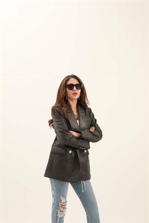 Kruvaze Yaka Çift Düğmeli Eskitme Desen Deri Ceket - Antrasit