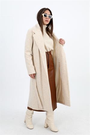 Kruvaze Yaka Fleto Cepli Uzun Kaban - Ekru