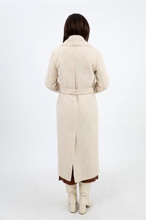 Kruvaze Yaka Fleto Cepli Uzun Kaban - Ekru