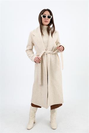 Kruvaze Yaka Fleto Cepli Uzun Kaban - Ekru