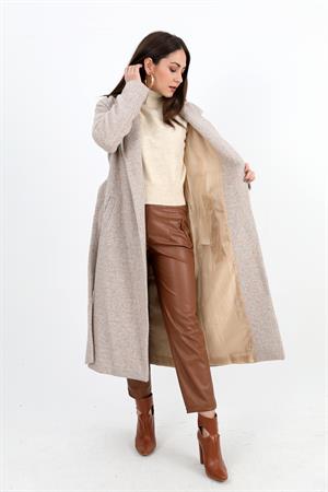 Kruvaze Yaka Fleto Cepli Uzun Kaban - Vizon