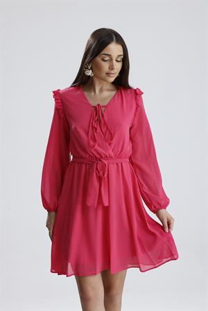 Kruvaze Yaka Omuzları Fırfırlı Beli Kuşaklı Kadın Elbise - Fuşya