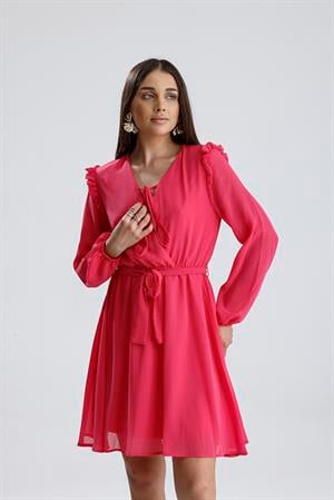 Kruvaze Yaka Omuzları Fırfırlı Beli Kuşaklı Kadın Elbise - Fuşya