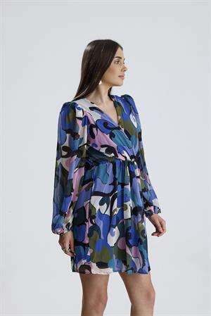 Kruvaze Yaka Önü Büzgülü Şifon Elbise - Mavi