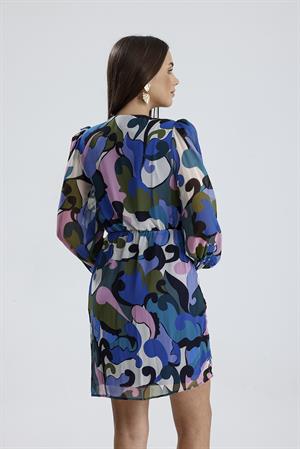 Kruvaze Yaka Önü Büzgülü Şifon Elbise - Mavi