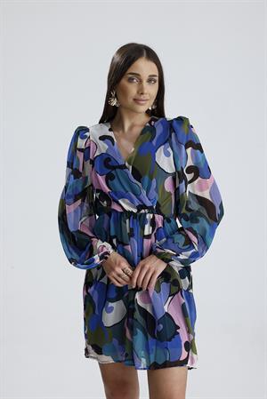 Kruvaze Yaka Önü Büzgülü Şifon Elbise - Mavi