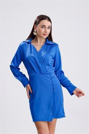 Kruvaze Yaka Önü Düğmeli Elbise Saten - SaksMavisi